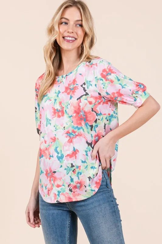 BOMBOM - Pastel Watercolor Floral Puff Sleeve Top