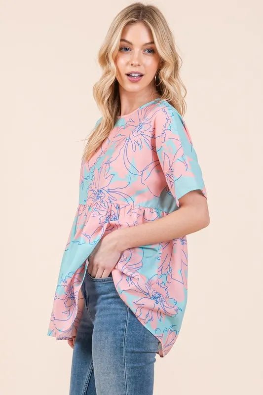 BOMBOM - Peach & Aqua Floral Peplum Babydoll Top