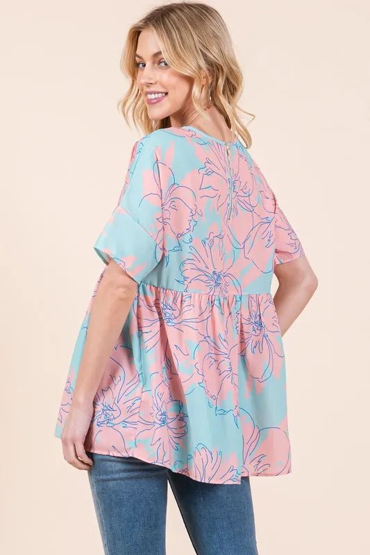 BOMBOM - Peach & Aqua Floral Peplum Babydoll Top