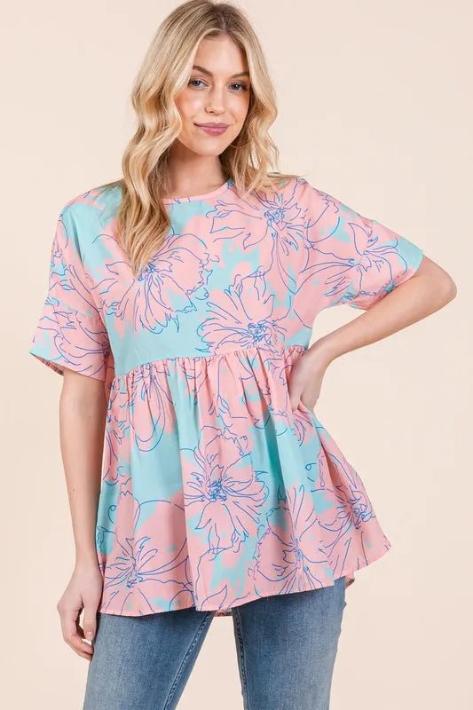BOMBOM - Peach & Aqua Floral Peplum Babydoll Top