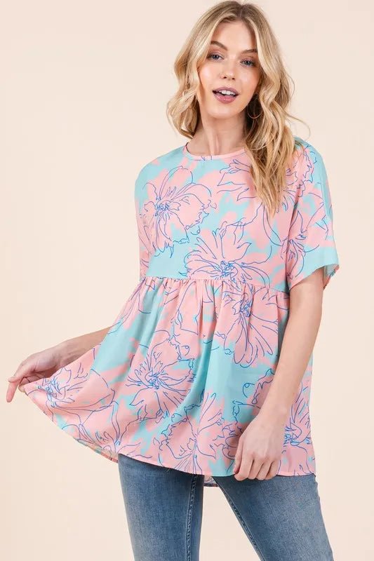 BOMBOM - Peach & Aqua Floral Peplum Babydoll Top