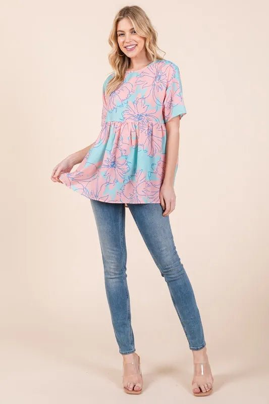 BOMBOM - Peach & Aqua Floral Peplum Babydoll Top