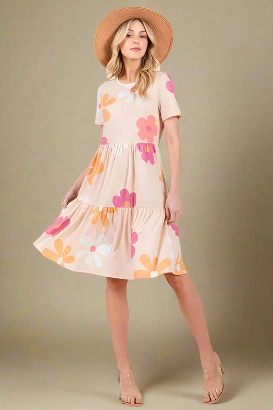 BOMBOM - Peach Blossom Tiered Mini Dress