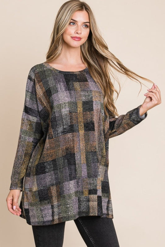 BOMBOM - Plaid Long Sleeve Top in Multi