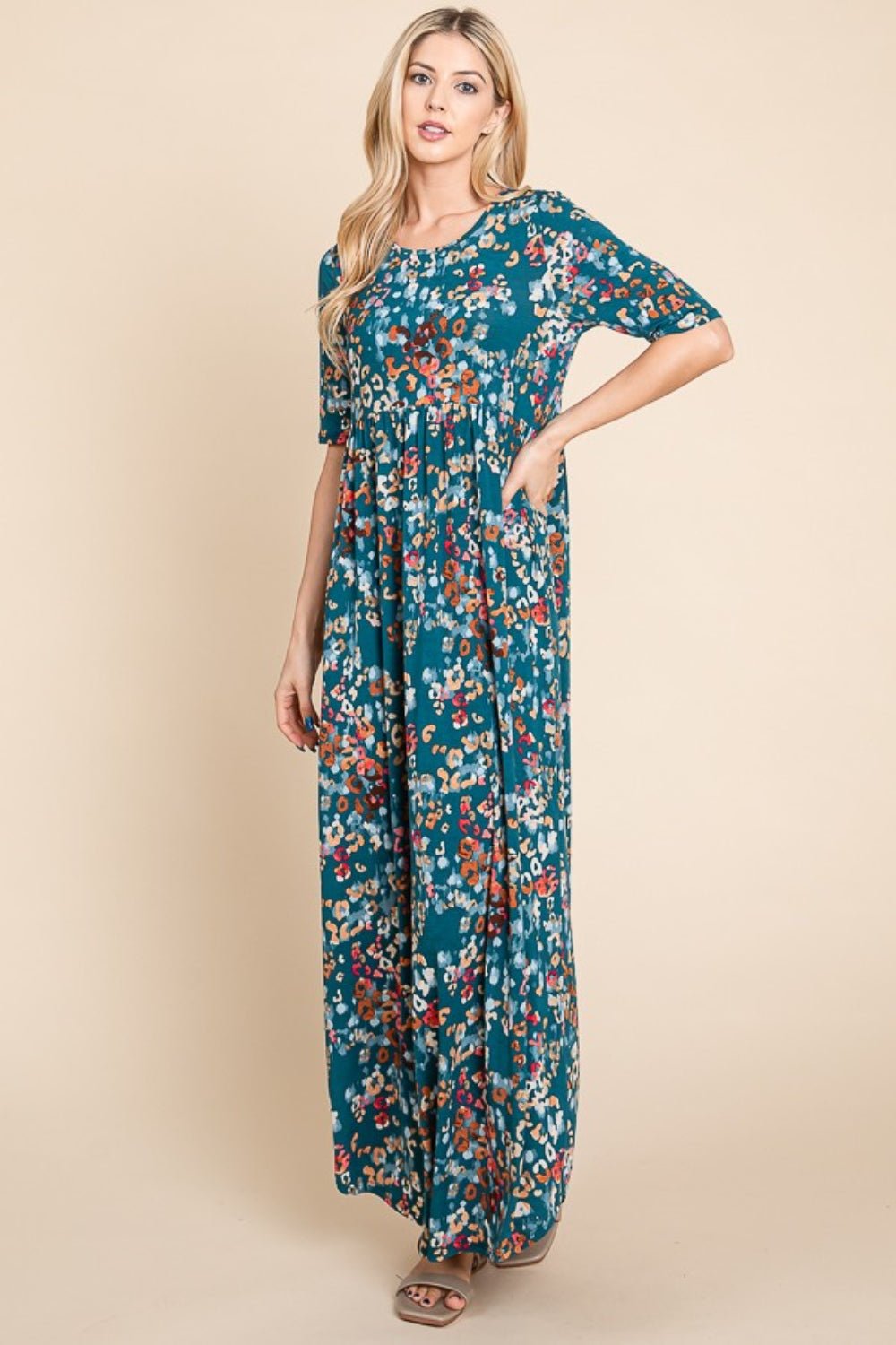 BOMBOM - Printed Empire Waist Maxi Dress in Teal