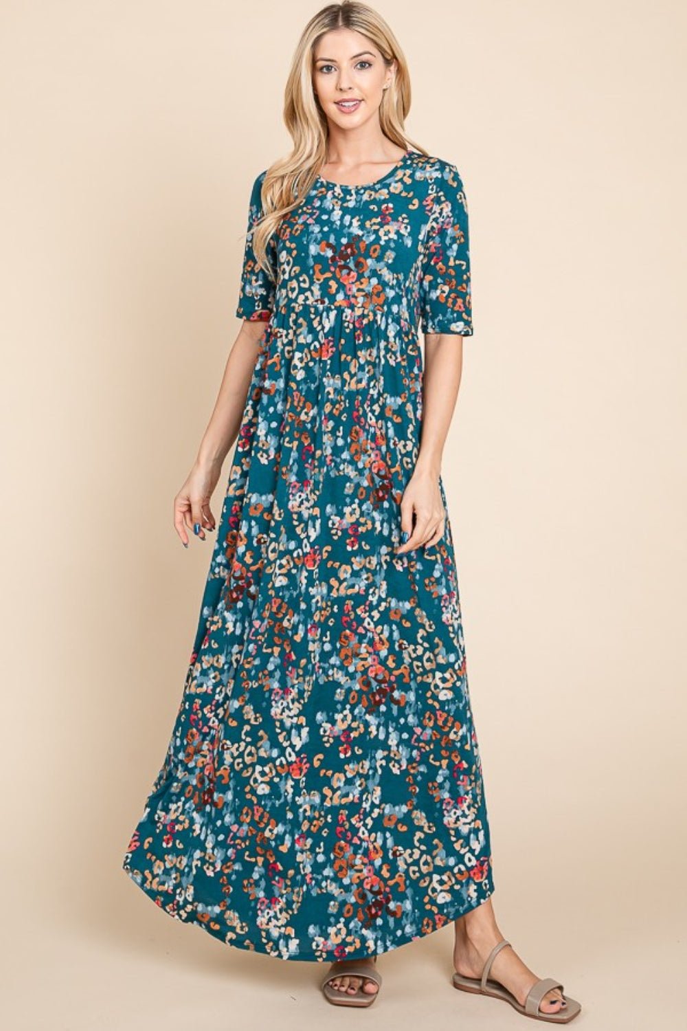 BOMBOM - Printed Empire Waist Maxi Dress in Teal