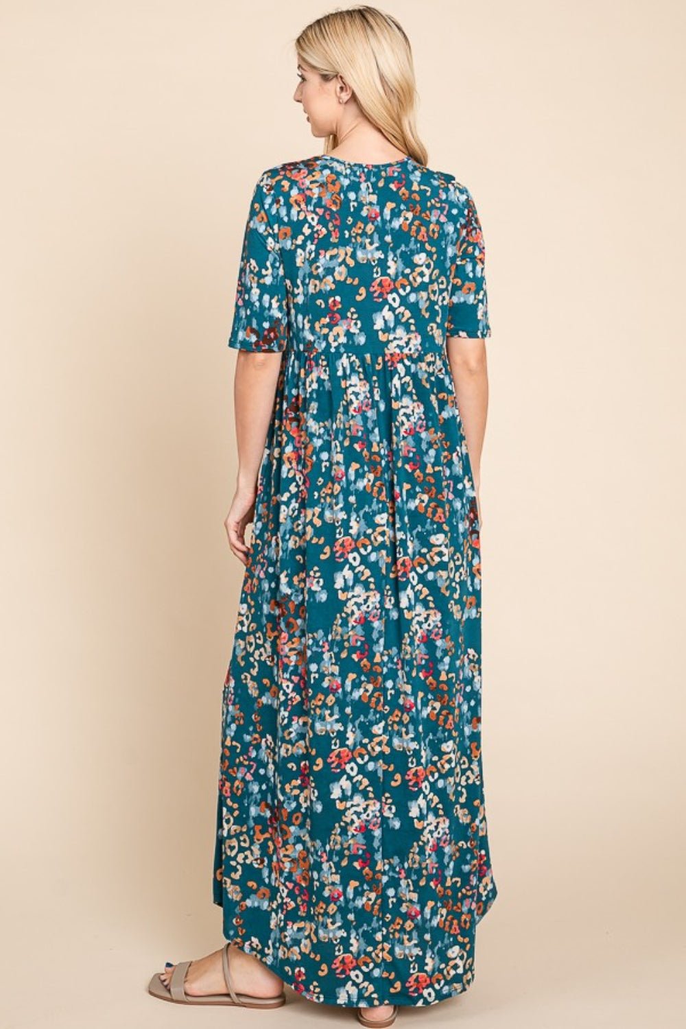 BOMBOM - Printed Empire Waist Maxi Dress in Teal