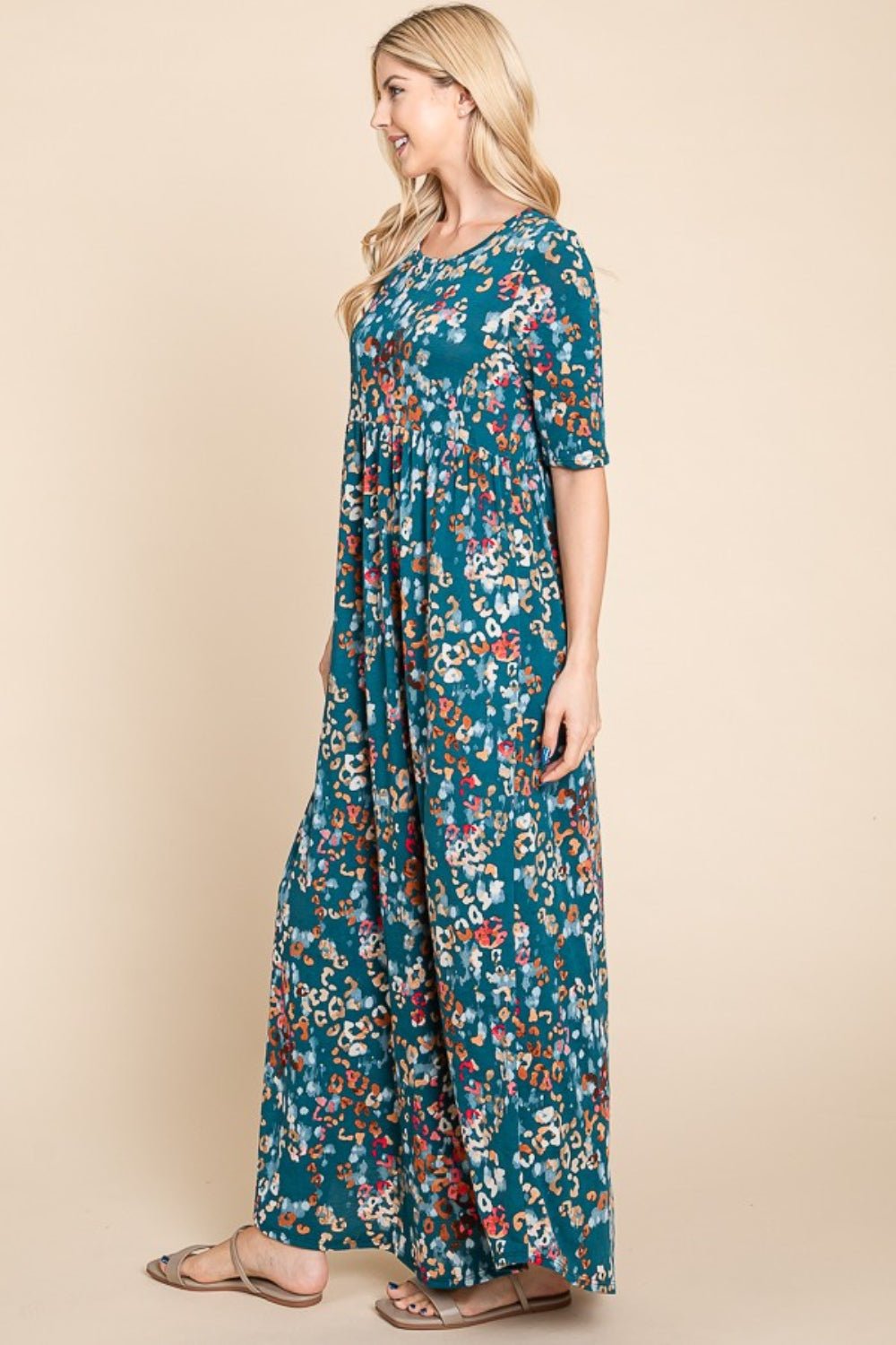 BOMBOM - Printed Empire Waist Maxi Dress in Teal