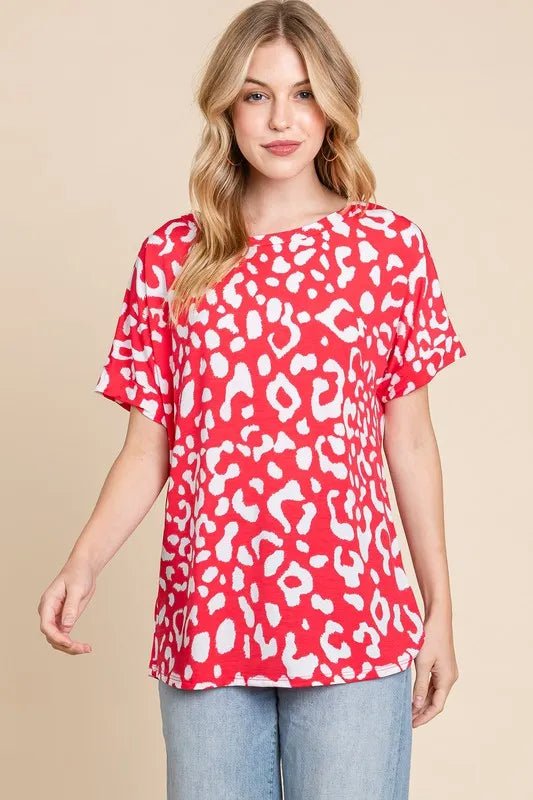 BOMBOM - Red & White Leopard Print Short Sleeve Tee