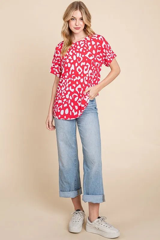 BOMBOM - Red & White Leopard Print Short Sleeve Tee