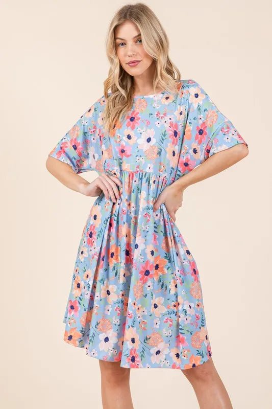 BOMBOM - Sky Blue Multi Floral Babydoll Mini Dress