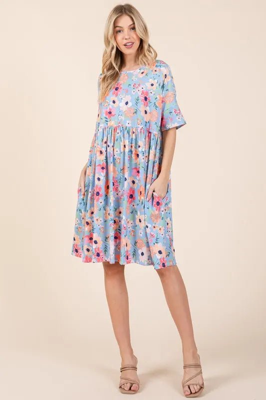 BOMBOM - Sky Blue Multi Floral Babydoll Mini Dress