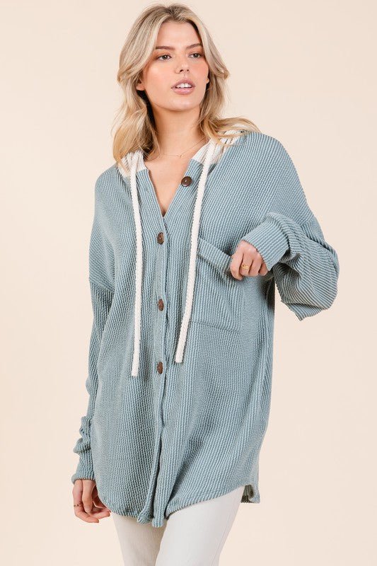 BOMBOM - Soft Blue Rib Knit Button Down Hooded Shacket