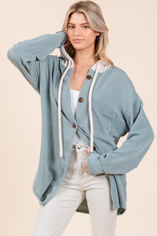 BOMBOM - Soft Blue Rib Knit Button Down Hooded Shacket