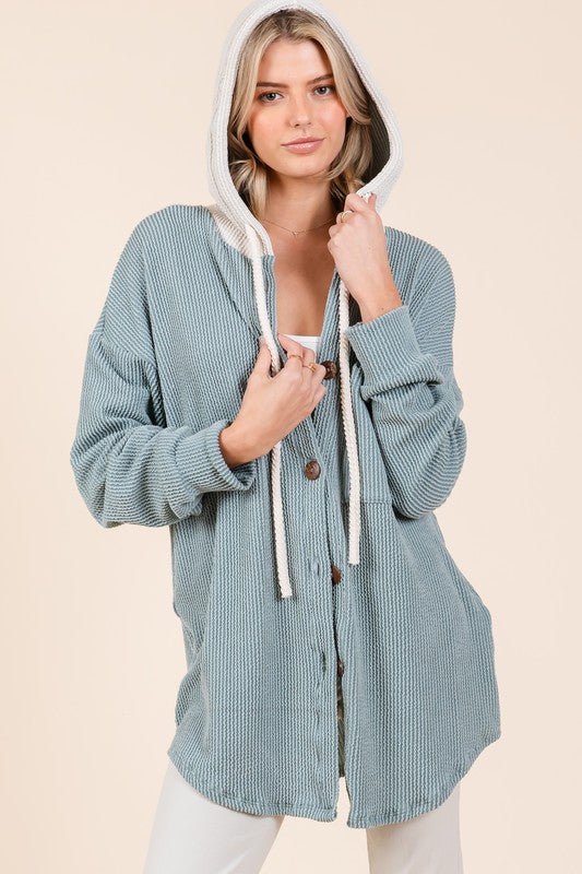 BOMBOM - Soft Blue Rib Knit Button Down Hooded Shacket