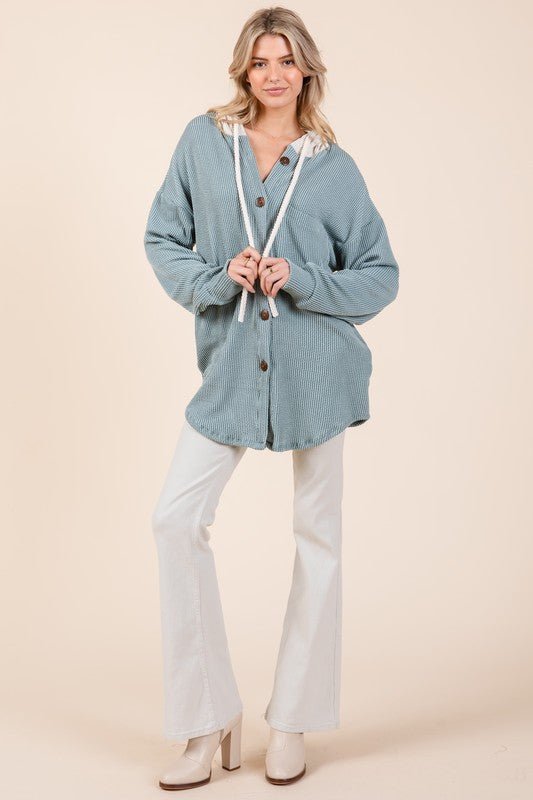 BOMBOM - Soft Blue Rib Knit Button Down Hooded Shacket