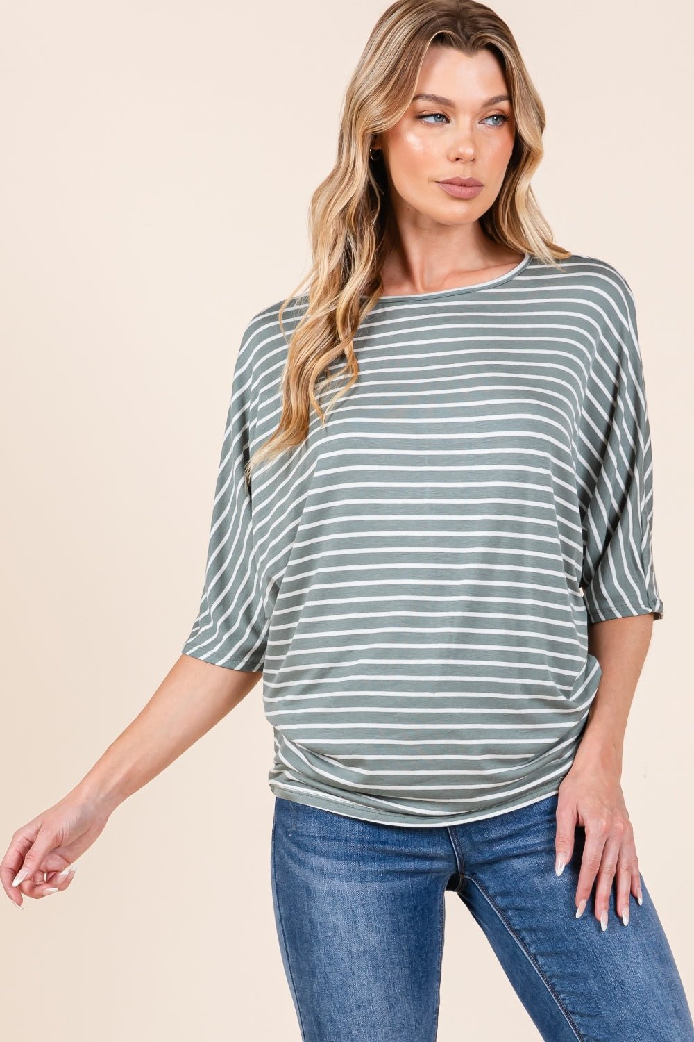 BOMBOM - Striped Boat Neck Dolman Sleeve Top in Dusty Olive