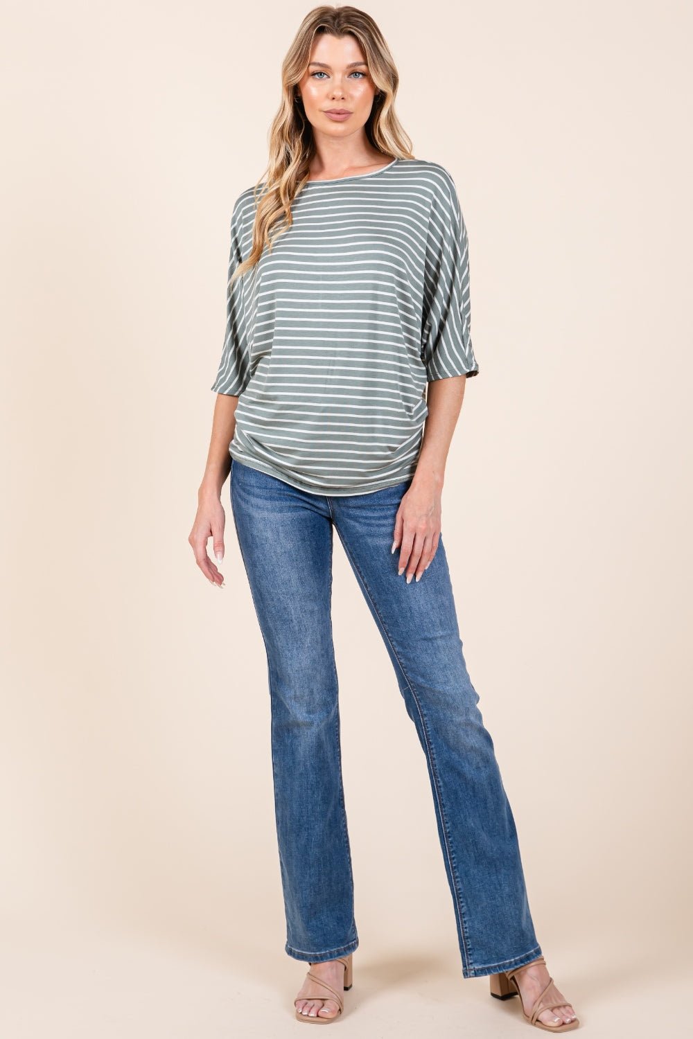 BOMBOM - Striped Boat Neck Dolman Sleeve Top in Dusty Olive