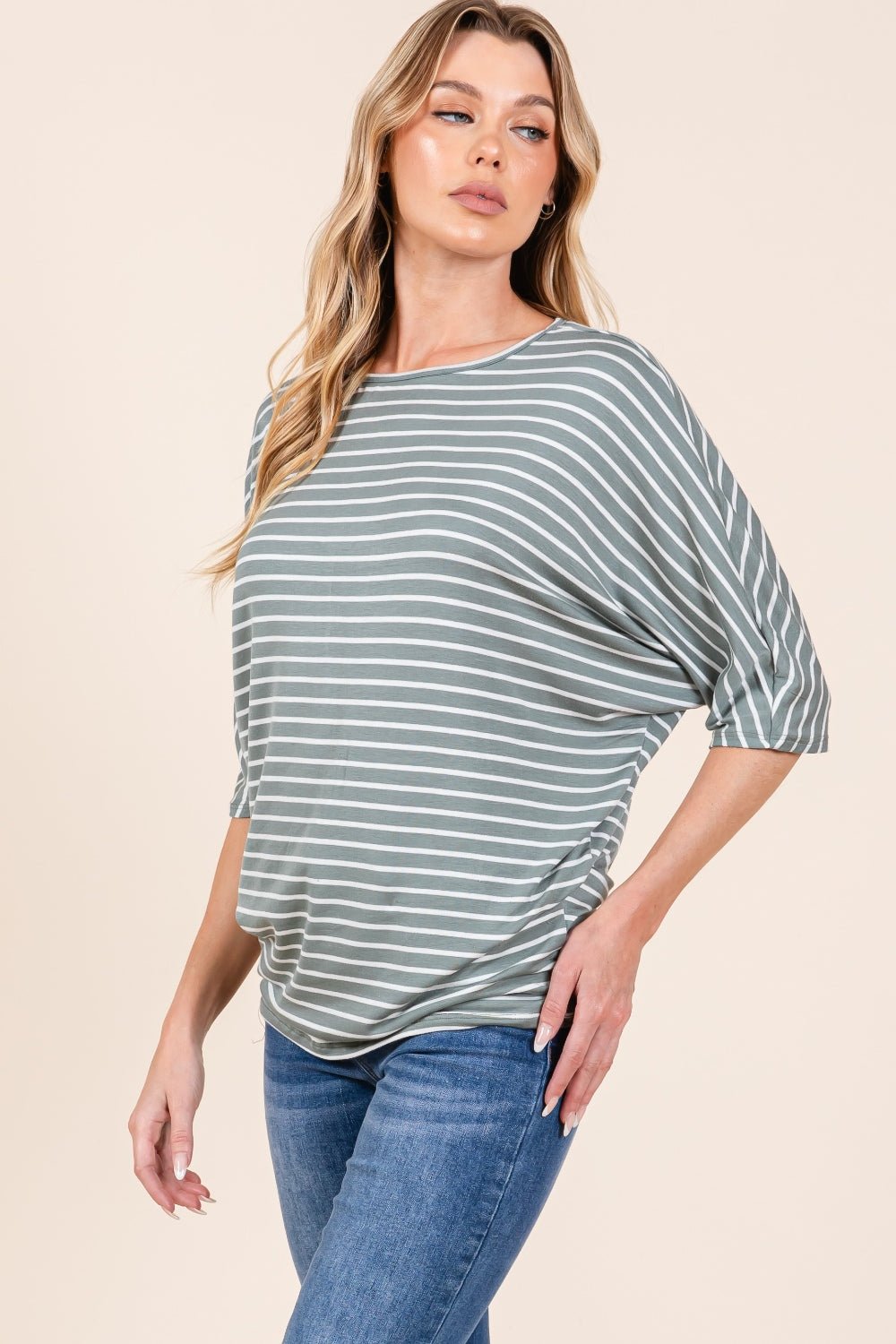 BOMBOM - Striped Boat Neck Dolman Sleeve Top in Dusty Olive