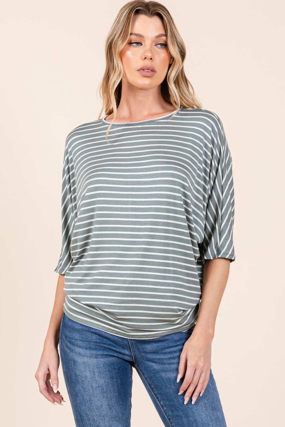 BOMBOM - Striped Boat Neck Dolman Sleeve Top in Dusty Olive