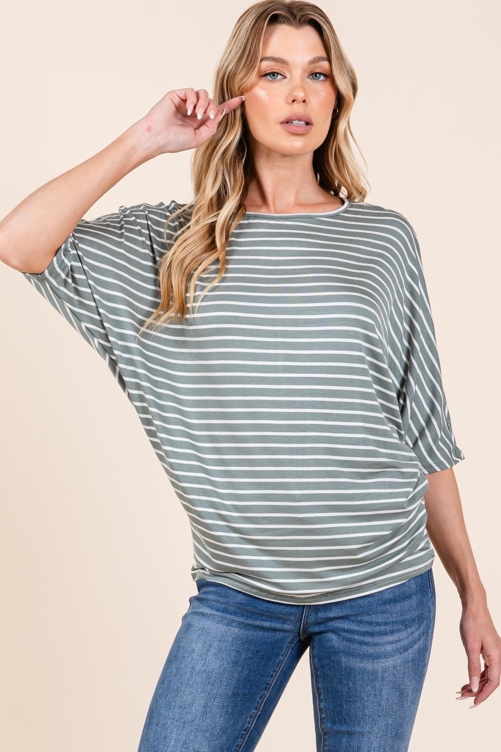 BOMBOM - Striped Boat Neck Dolman Sleeve Top in Dusty Olive