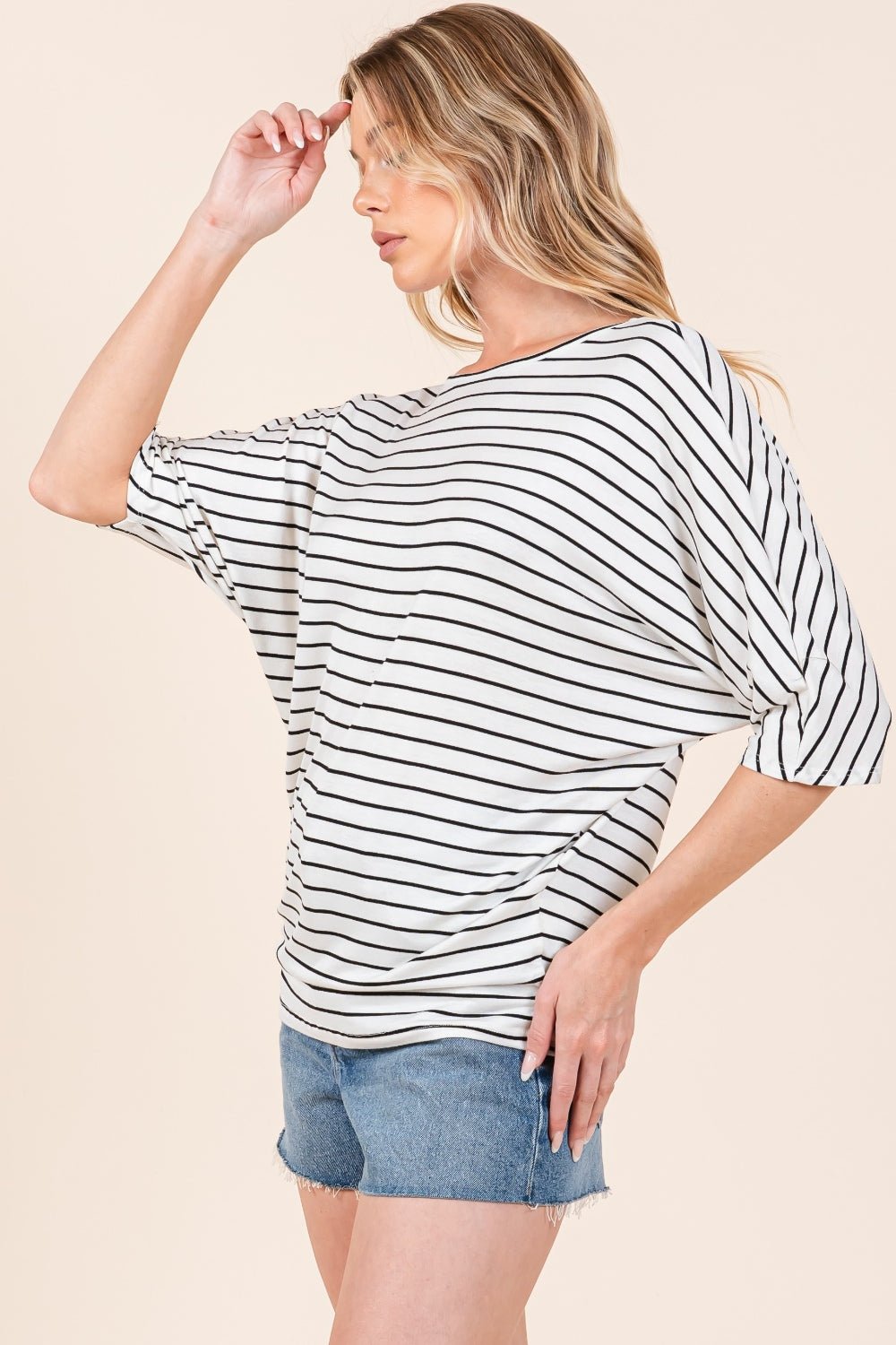 BOMBOM - Striped Boat Neck Dolman Sleeve Top in Ivory