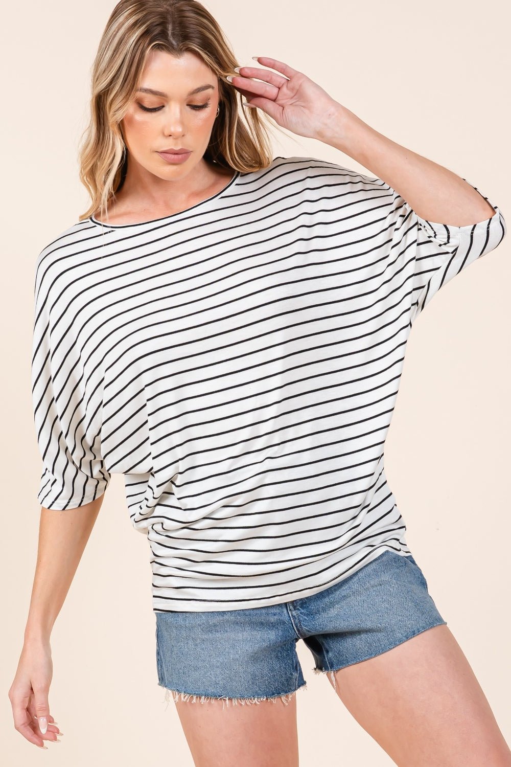 BOMBOM - Striped Boat Neck Dolman Sleeve Top in Ivory