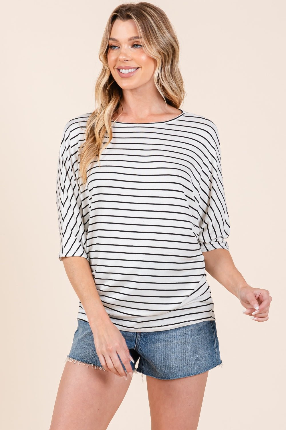 BOMBOM - Striped Boat Neck Dolman Sleeve Top in Ivory