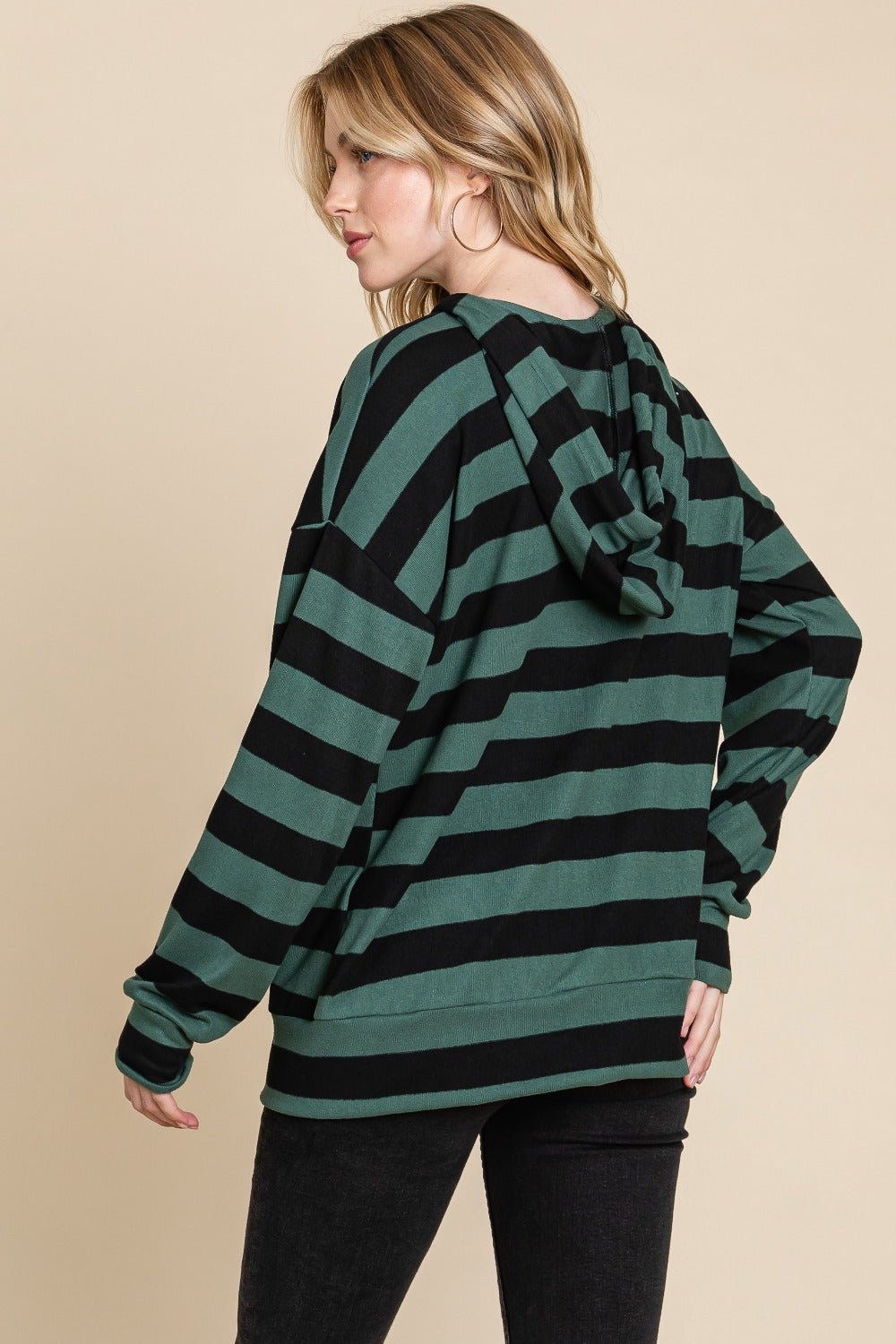 BOMBOM - Striped Long Sleeve Hoodie in Forest Green Black