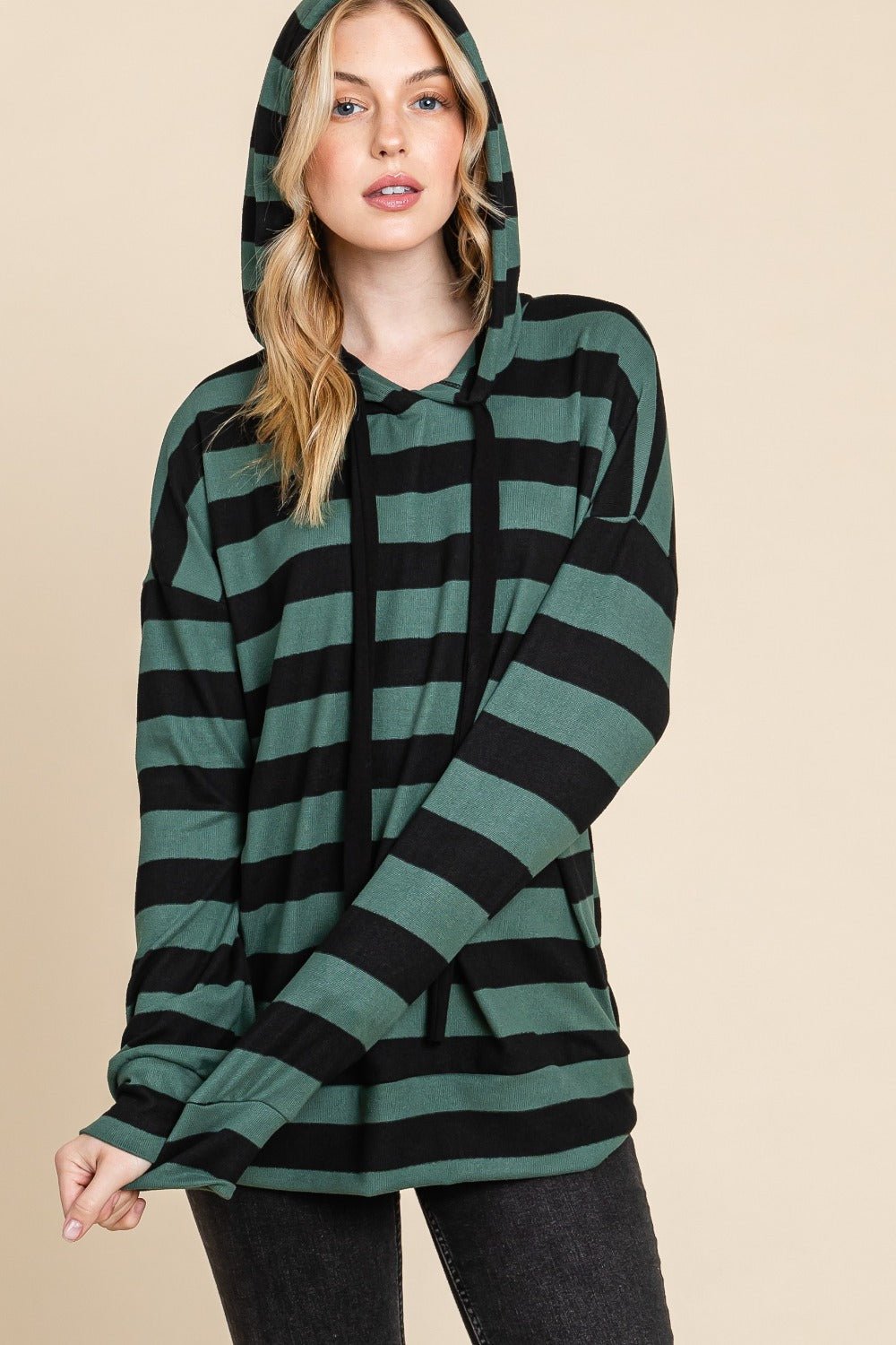 BOMBOM - Striped Long Sleeve Hoodie in Forest Green Black