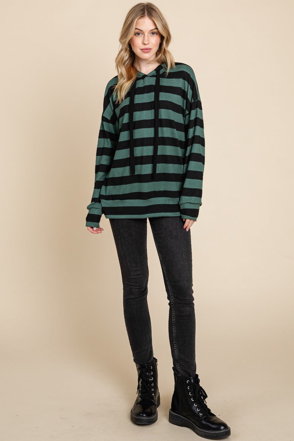 BOMBOM - Striped Long Sleeve Hoodie in Forest Green Black