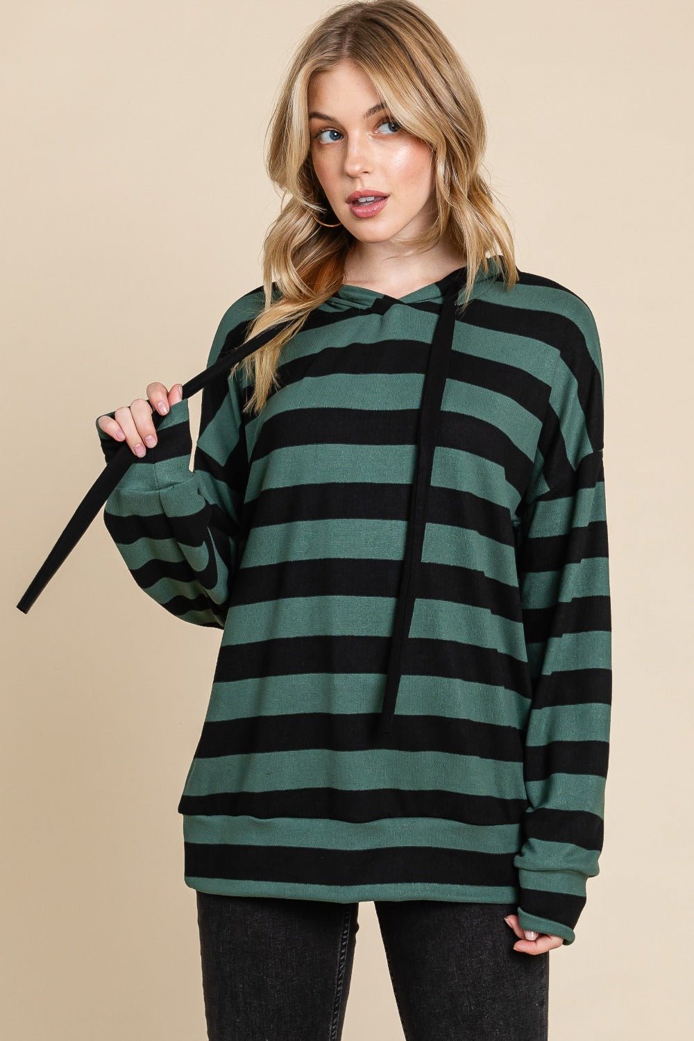 BOMBOM - Striped Long Sleeve Hoodie in Forest Green Black