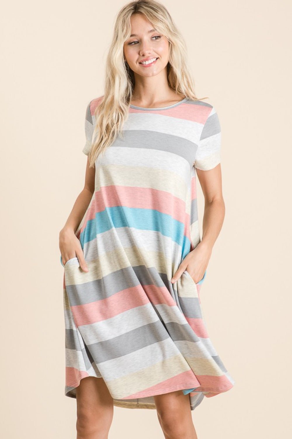 BOMBOM - Striped Short Sleeve Knee - Length Dress with Pockets