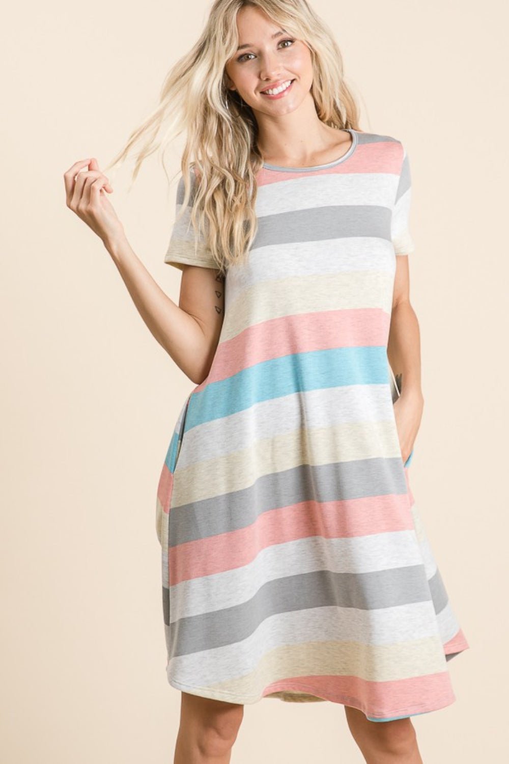 BOMBOM - Striped Short Sleeve Knee - Length Dress with Pockets