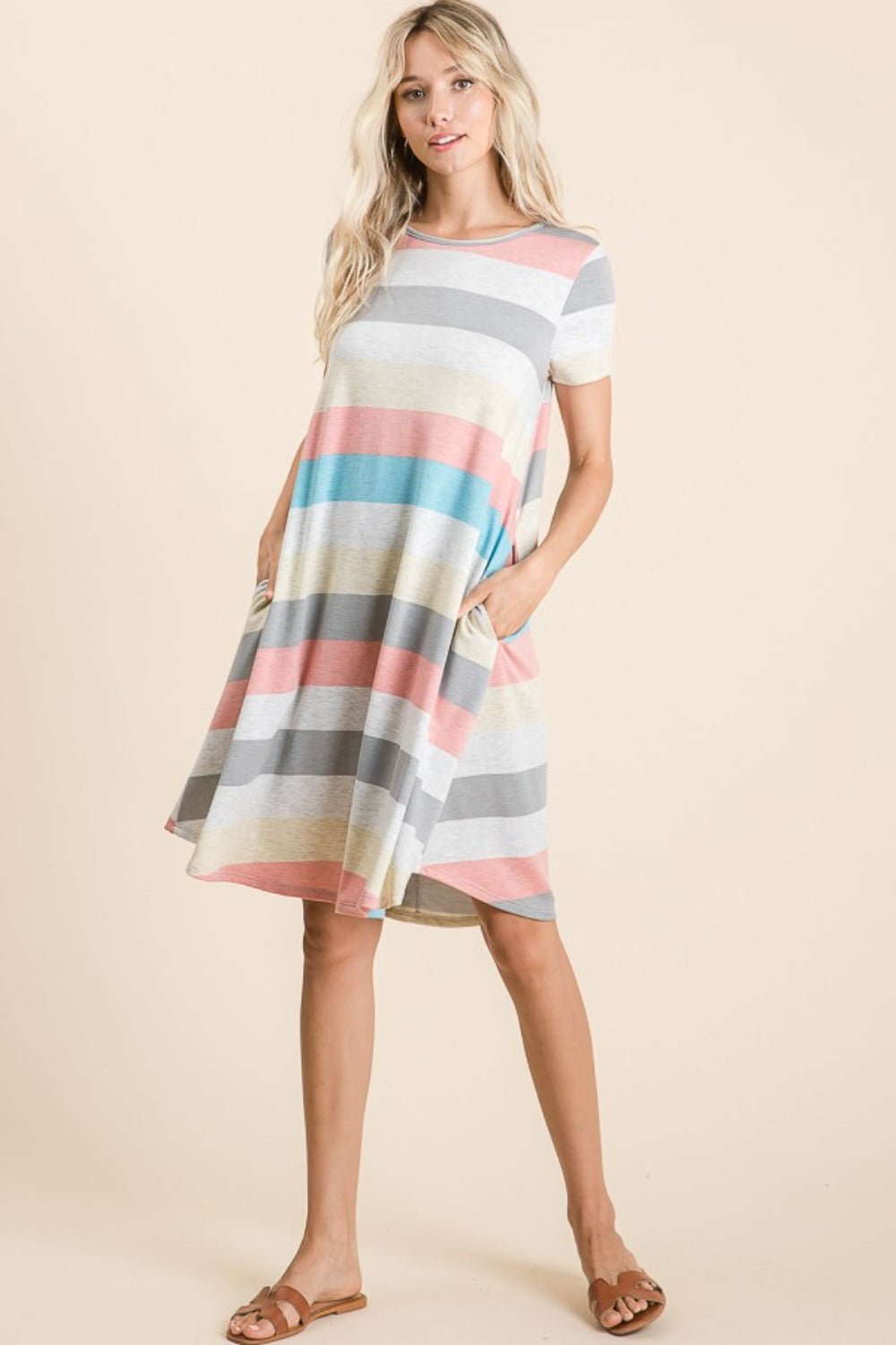 BOMBOM - Striped Short Sleeve Knee - Length Dress with Pockets