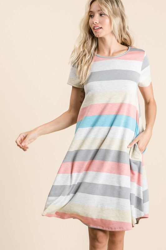 BOMBOM - Striped Short Sleeve Knee - Length Dress with Pockets