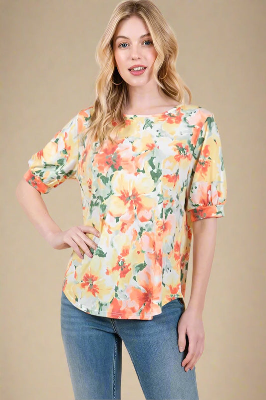 BOMBOM - Sunset Floral Puff Sleeve Top