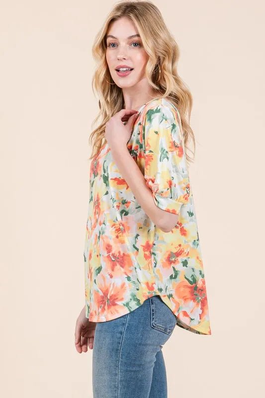 BOMBOM - Sunset Floral Puff Sleeve Top