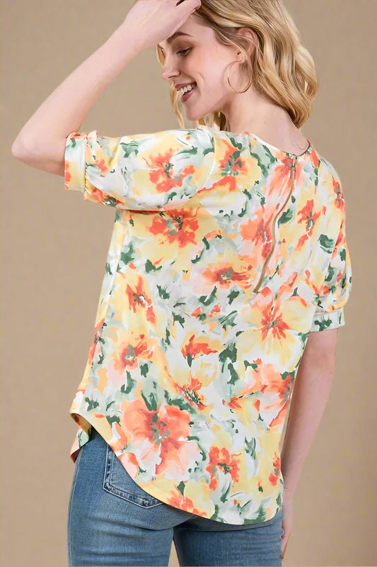 BOMBOM - Sunset Floral Puff Sleeve Top