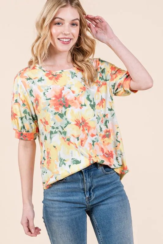BOMBOM - Sunset Floral Puff Sleeve Top