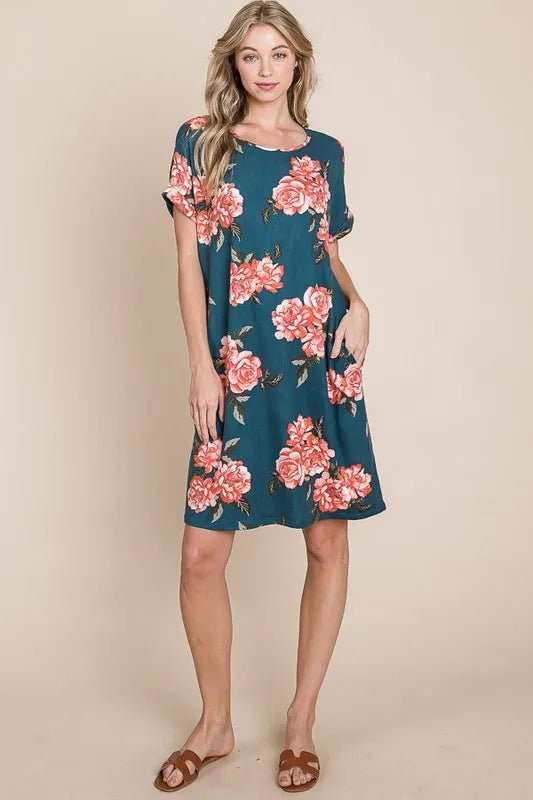 BOMBOM - Teal Rose Garden Pocket Mini Dress