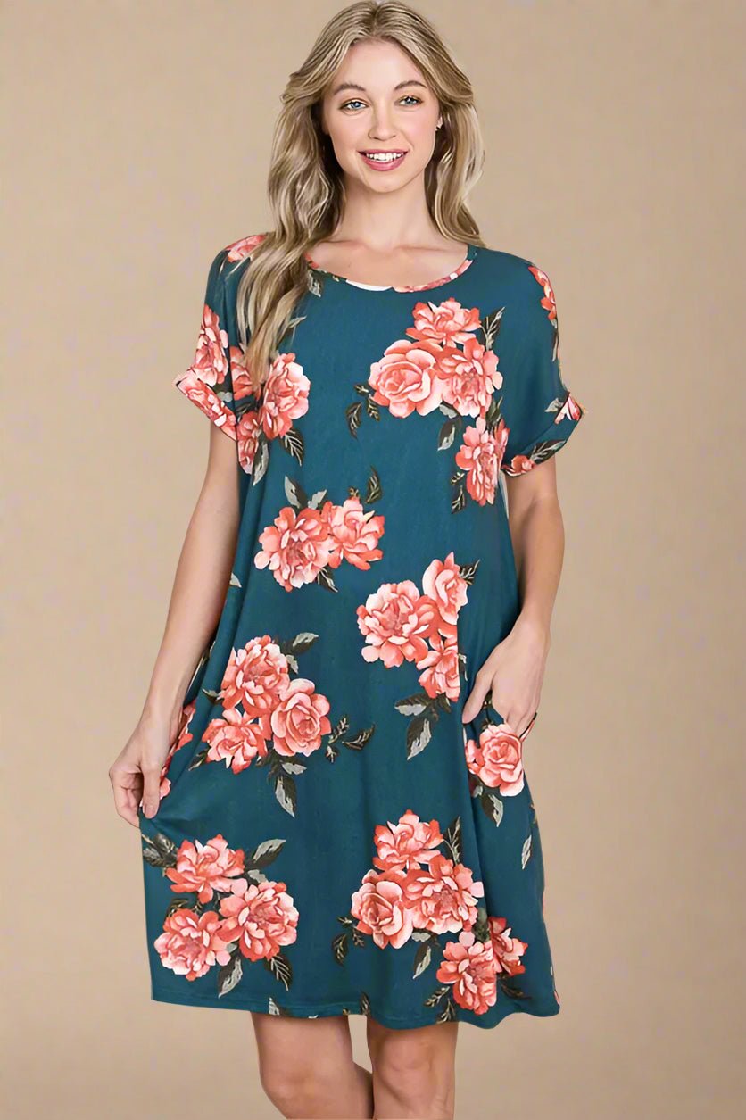 BOMBOM - Teal Rose Garden Pocket Mini Dress