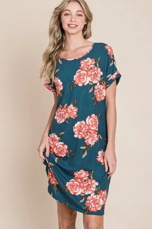 BOMBOM - Teal Rose Garden Pocket Mini Dress