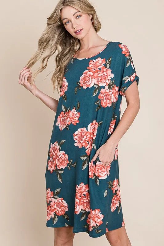 BOMBOM - Teal Rose Garden Pocket Mini Dress