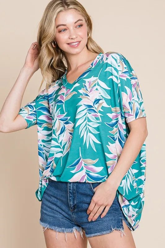BOMBOM - Teal Tropical Leaf Print V - Neck Tee