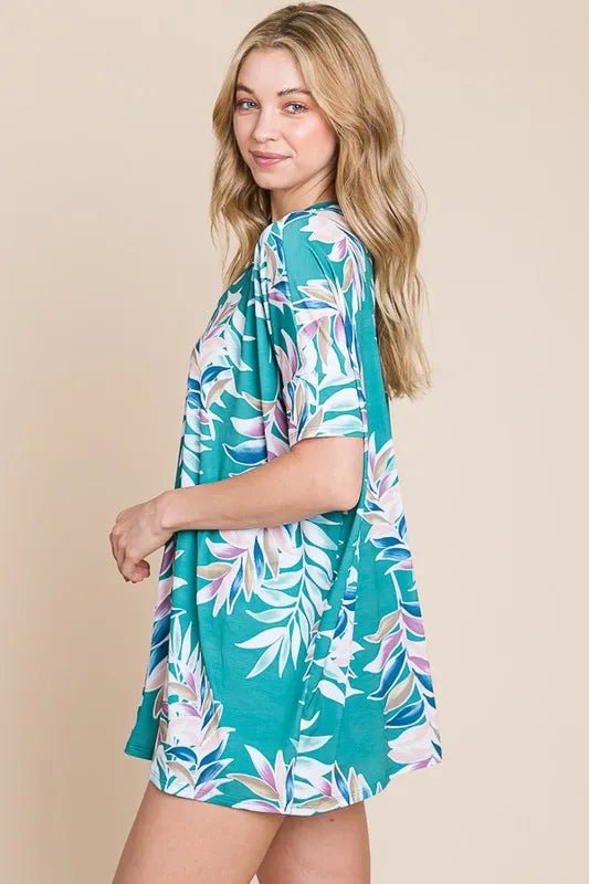 BOMBOM - Teal Tropical Leaf Print V - Neck Tee