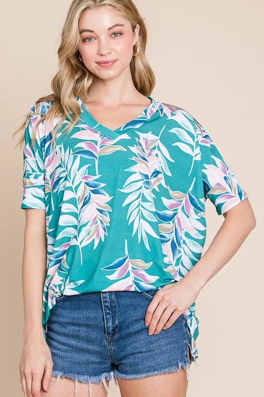 BOMBOM - Teal Tropical Leaf Print V - Neck Tee