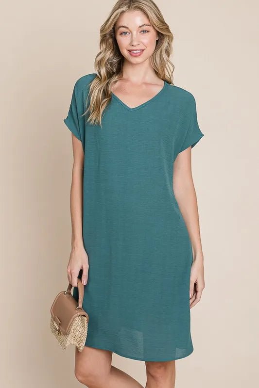 BOMBOM - Teal V - Neck Pocket Tee Mini Dress
