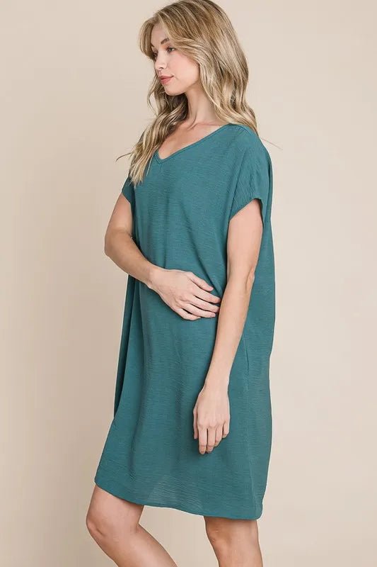 BOMBOM - Teal V - Neck Pocket Tee Mini Dress