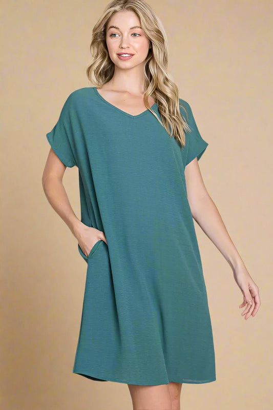 BOMBOM - Teal V - Neck Pocket Tee Mini Dress